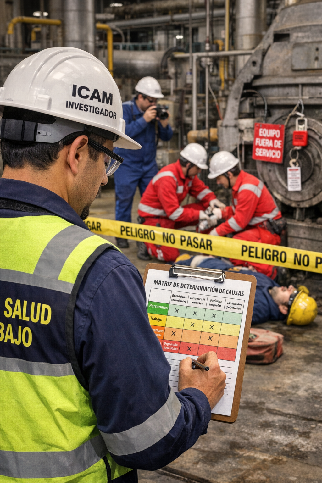 Investigador aplicando metodología ICAM en análisis de accidente